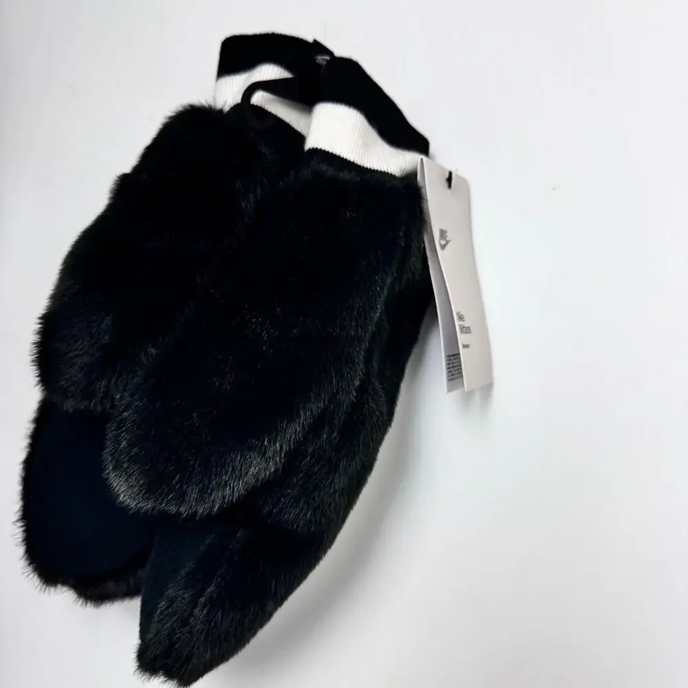 Nike Women's Cold Weather Winter Logo Black & White Faux Fur Mittens  Sz XS